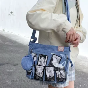 Y2K Cute Denim Ita Bag Women's Fashion Crossbody Bag Harajuku Girl Transparent Shoulder Bag Lady DIY Badge Messenger Bag Handbag
