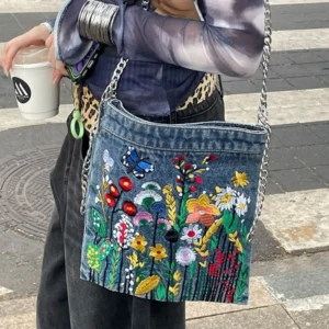 Embroidered flowers women Cowboy bag fashion chain ladies messenger bags denim handbag personality trend student bag