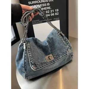Retro Casual Denim Women's Bag New Senior Chain Shoulder Bag Large Capacity Commuter Tote Bag